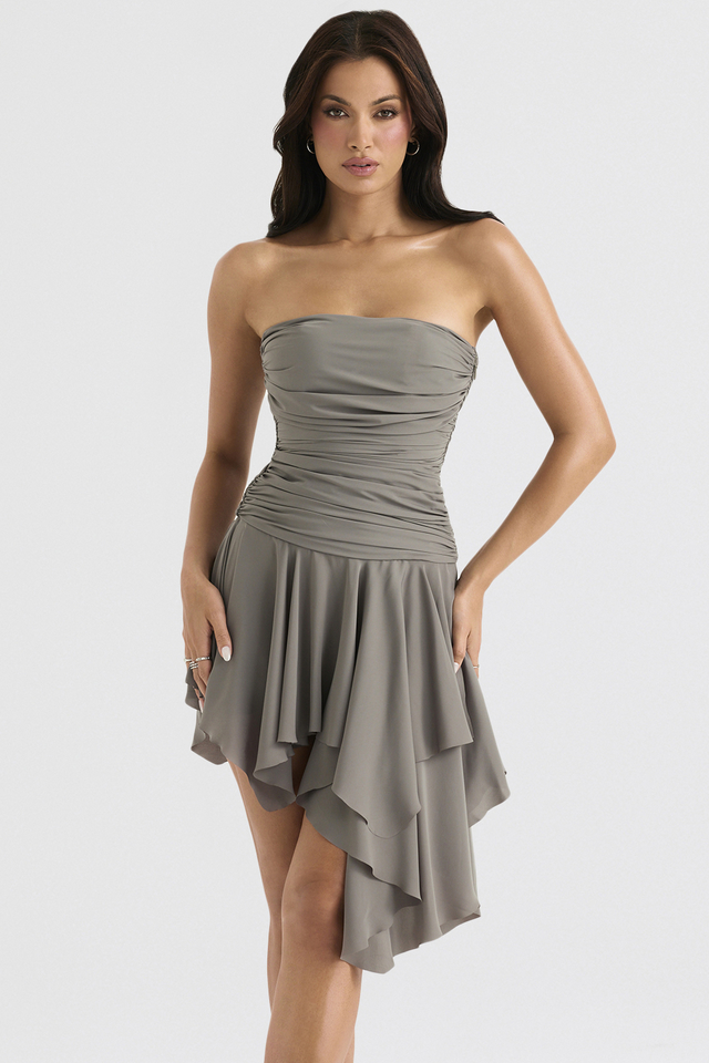 'Valeria' Smoke Gathered Asymmetric Dress